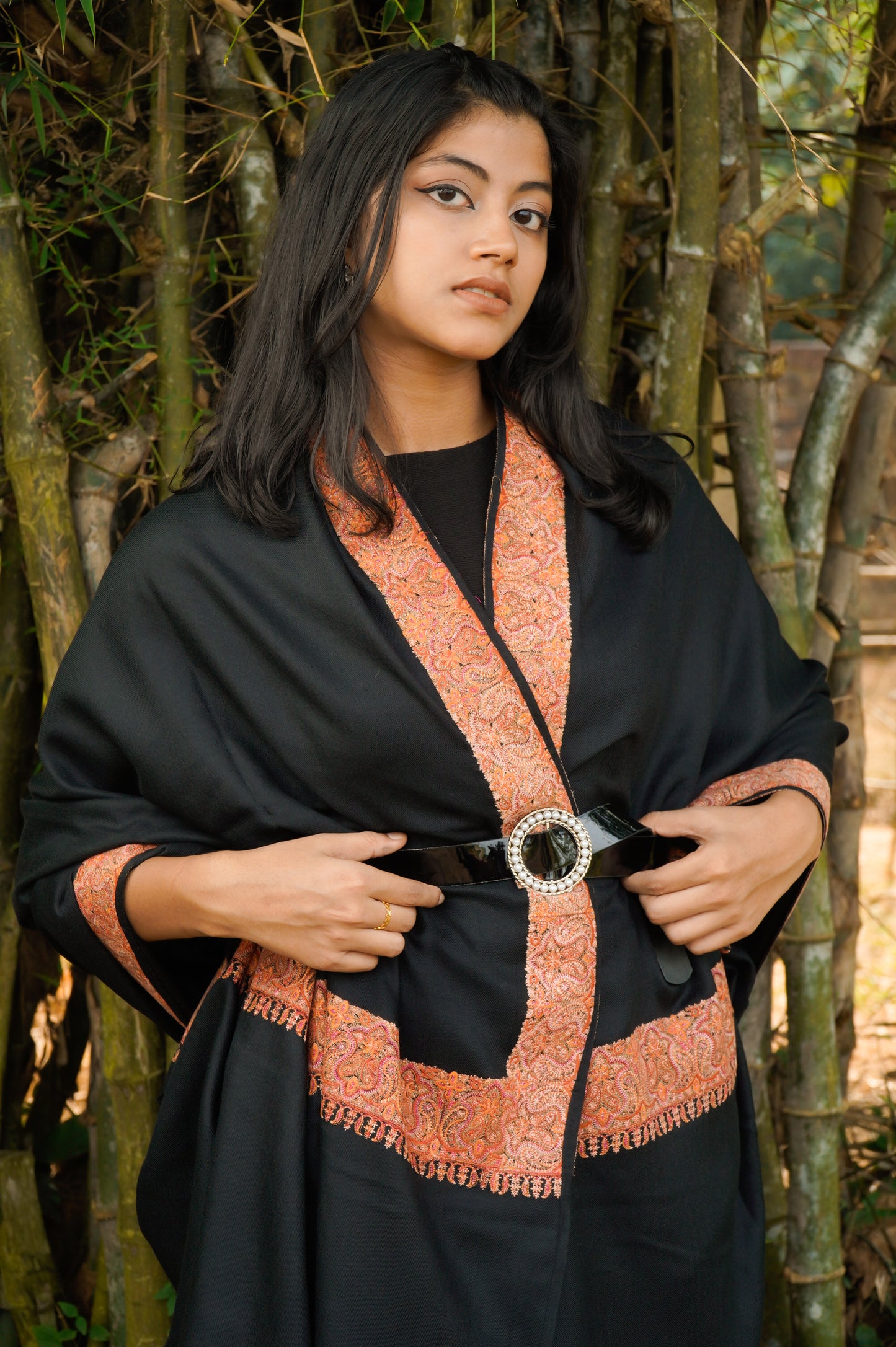 Fine Embroidery Paper Mache Daur Kashmiri Wool Shawl | Black