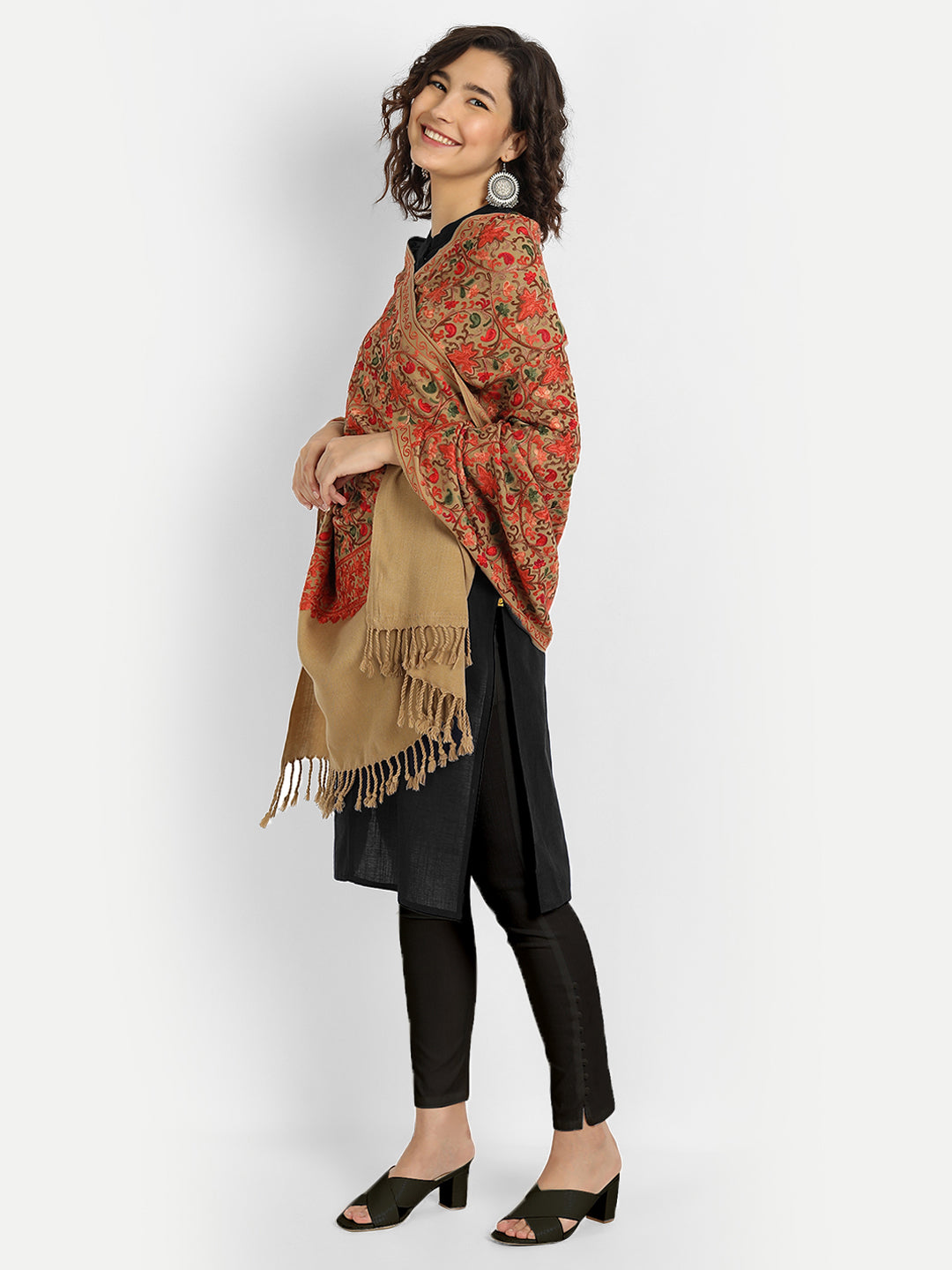 Kashmiri Aari Embroidered Woollen Stole | Brown - Zamour