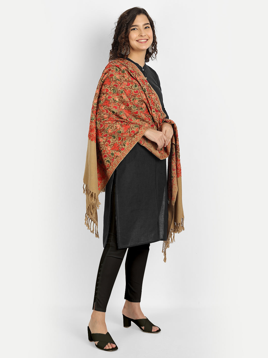 Kashmiri Aari Embroidered Woollen Stole | Brown - Zamour