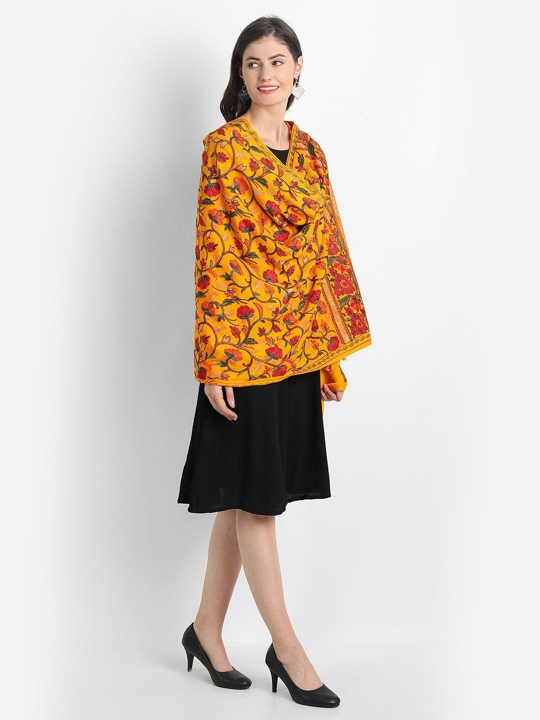 Kashmiri Aari Embroidery Woollen Stole | Yellow - Zamour