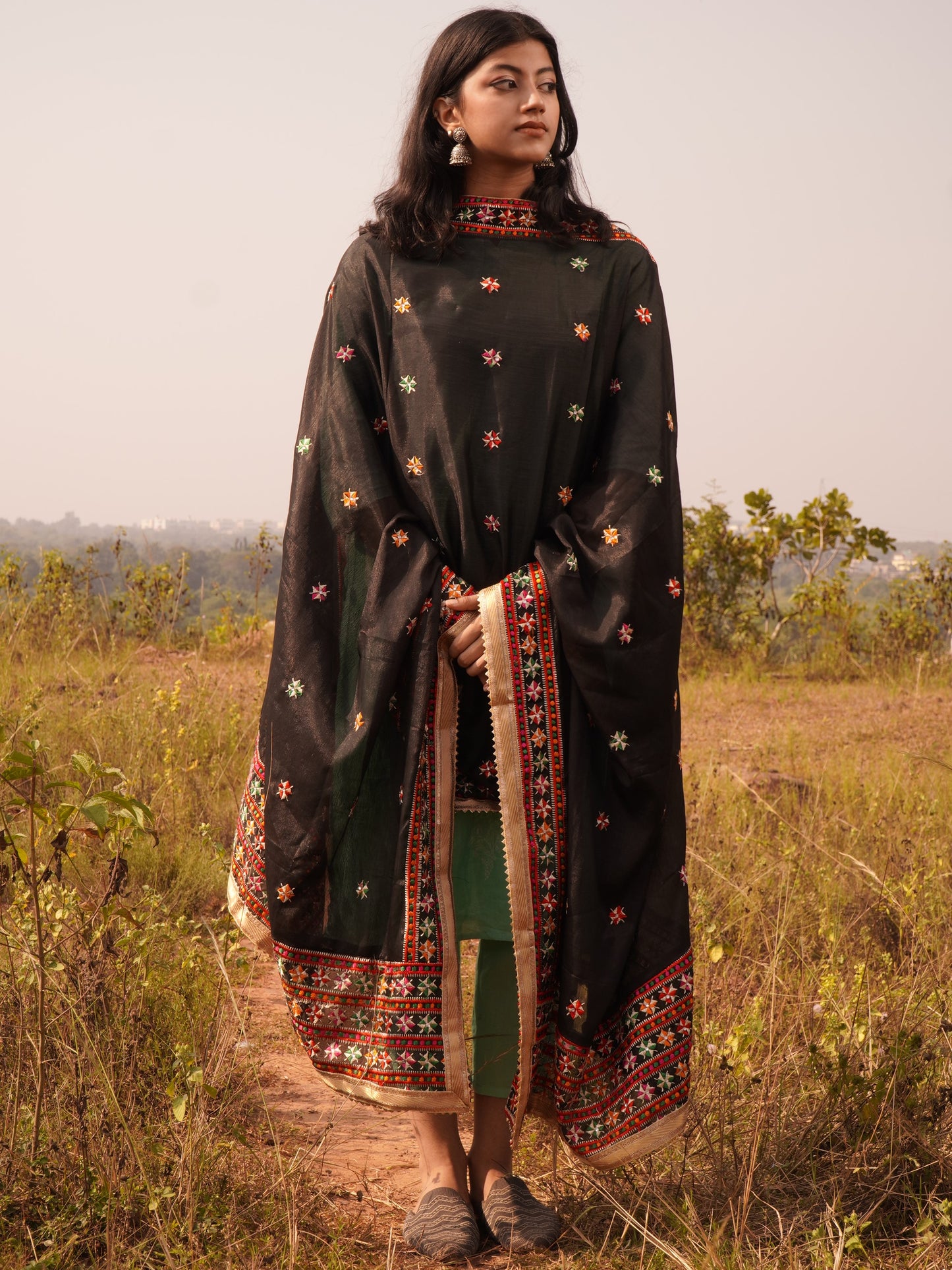 Punjabi Phulkari Embroidered Dupatta | Black
