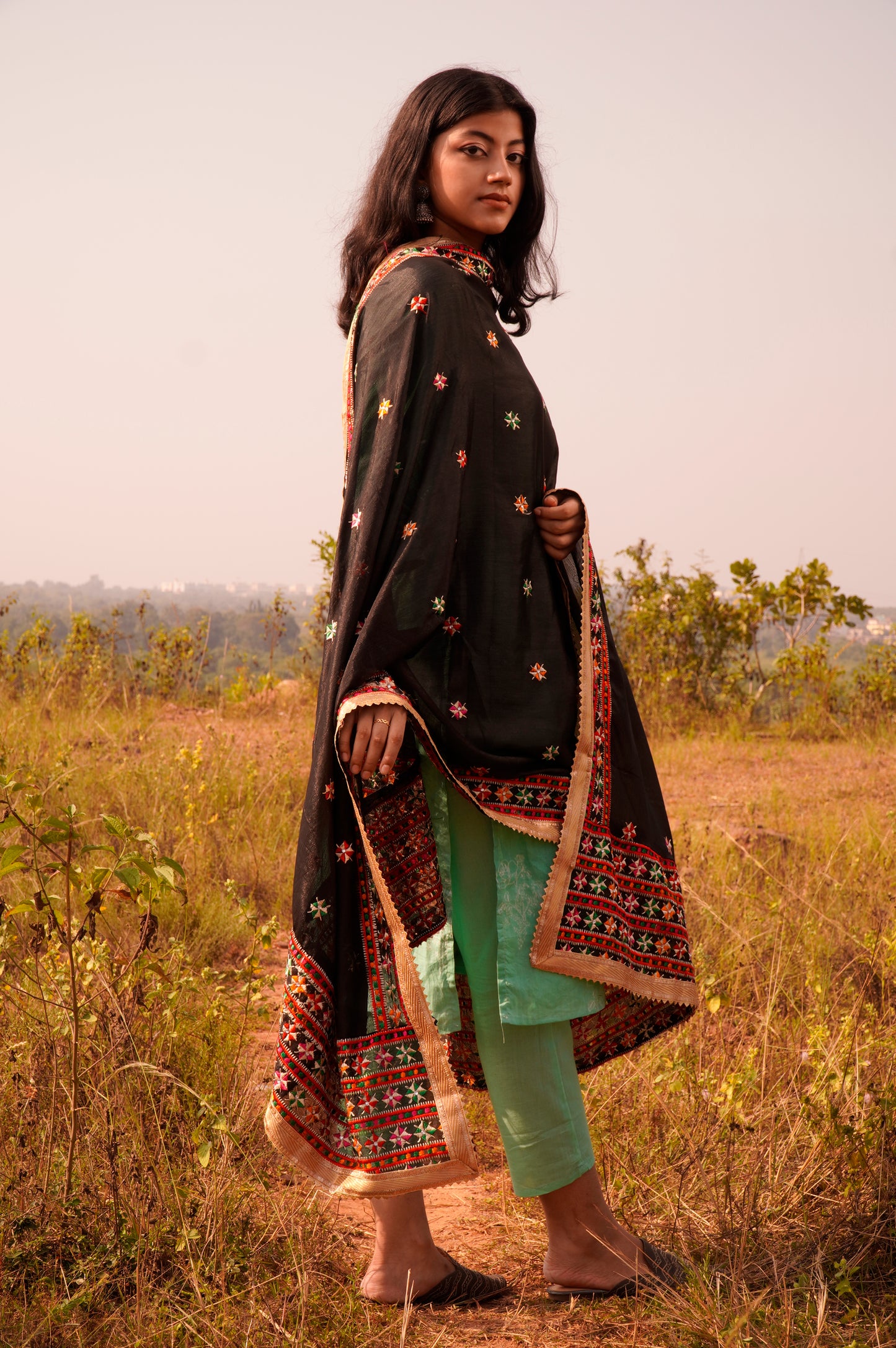 Punjabi Phulkari Embroidered Dupatta | Black