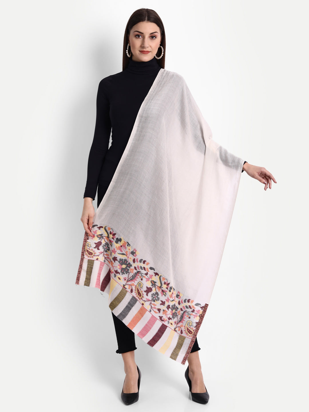Ultra Soft Fine-Wool Kani Woven Stole | Off White - Zamour