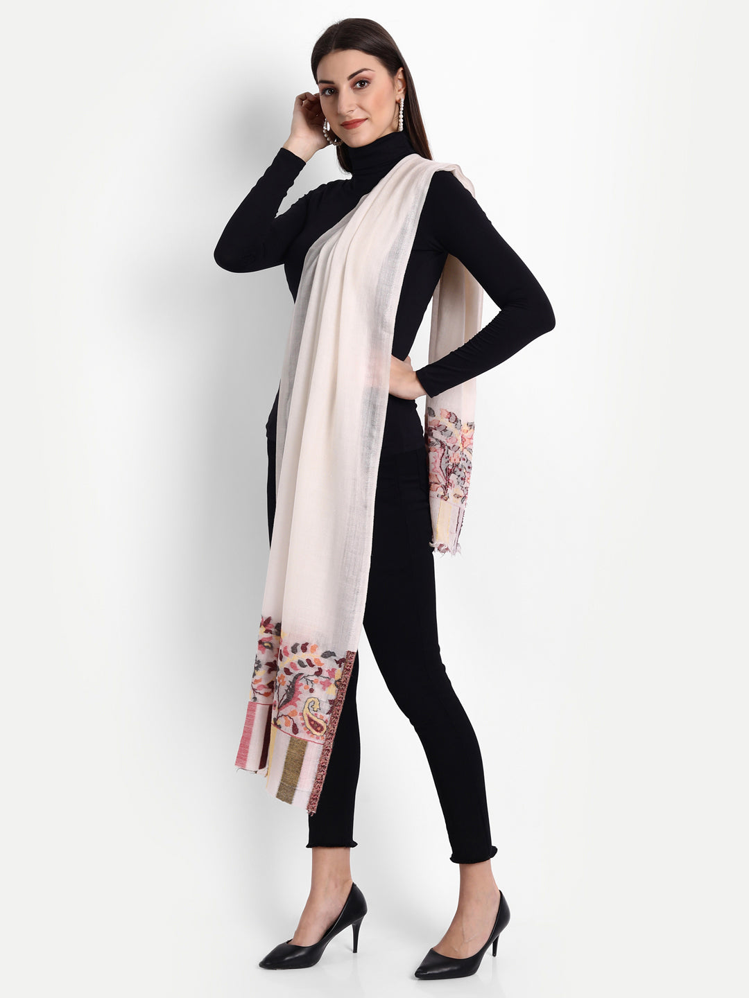 Ultra Soft Fine-Wool Kani Woven Stole | Off White - Zamour