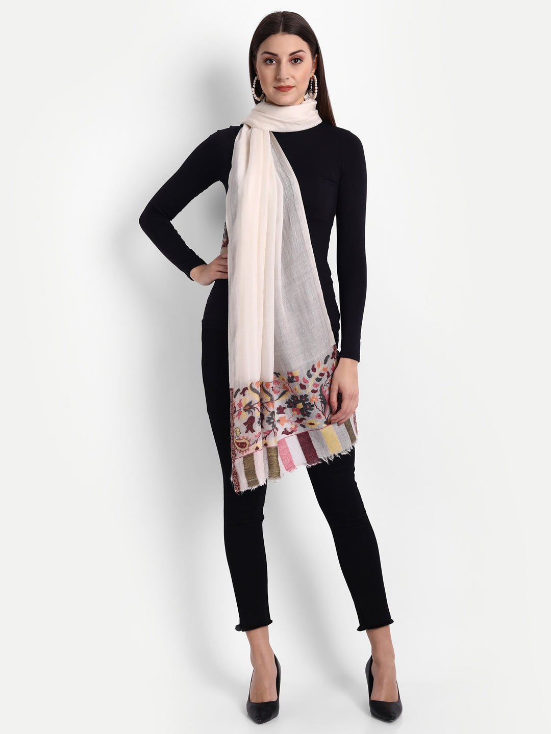 Ultra Soft Fine-Wool Kani Woven Stole | Off White - Zamour