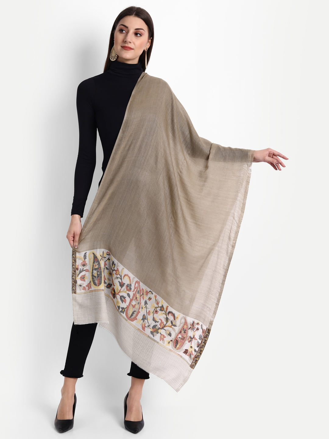 Ultra Soft Fine-Wool Kani Woven Stole | Taupe - Zamour