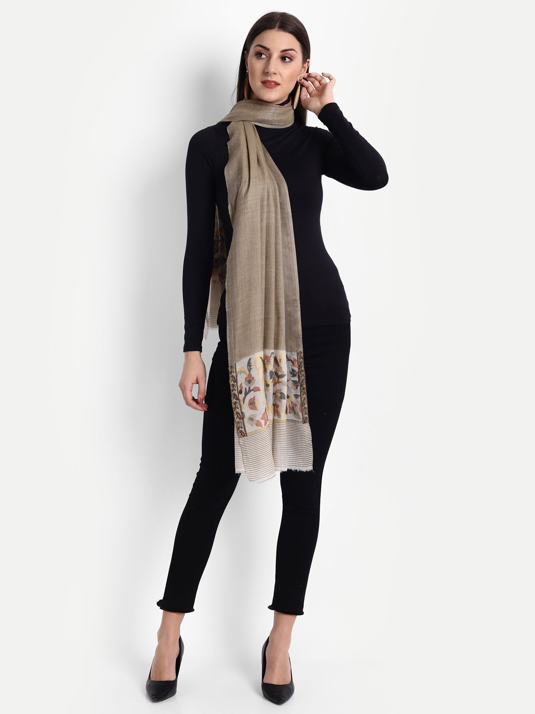 Ultra Soft Fine-Wool Kani Woven Stole | Taupe - Zamour