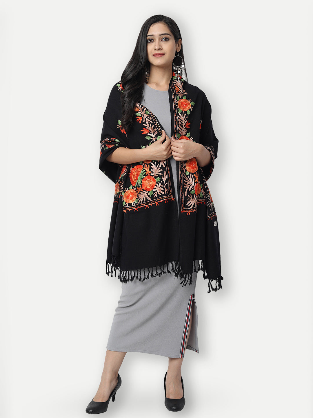Women Kashmiri Aari Embroidered Woollen Stole | Black - Zamour