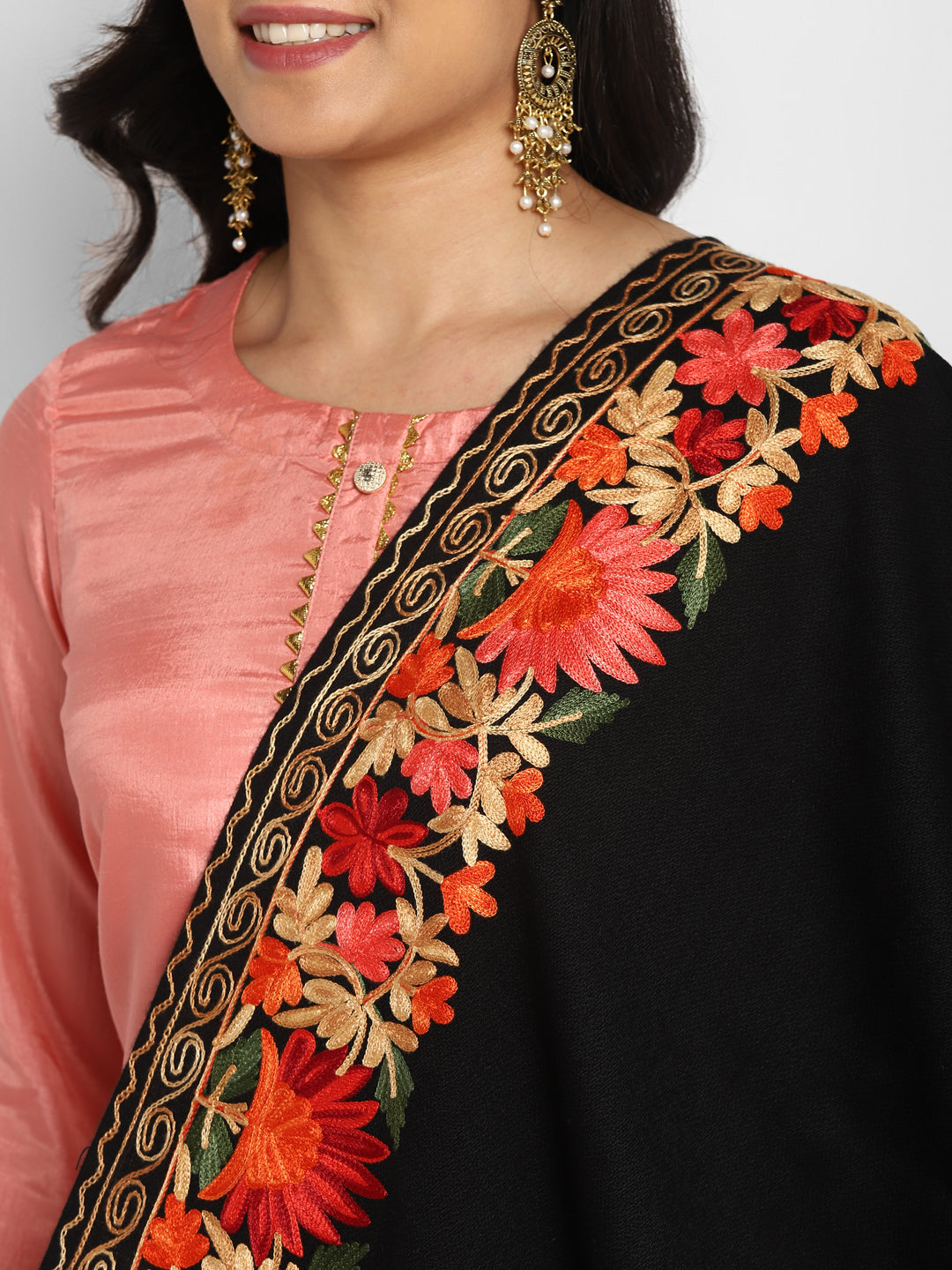Kashmiri Aari Embroidery Woollen Stole | Black - Zamour
