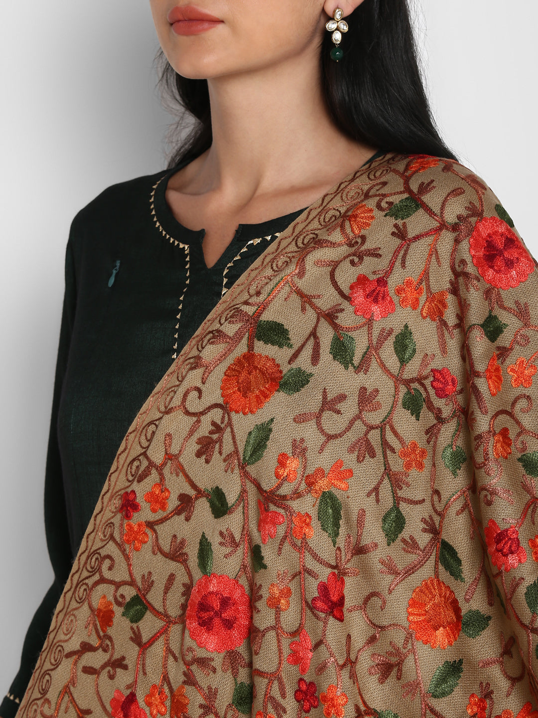 Kashmiri Aari Embroidery Woollen Stole | Brown - Zamour