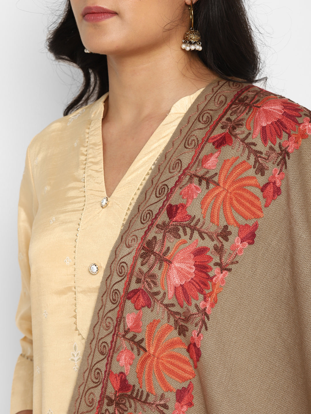 Kashmiri Aari Embroidery Woollen Stole | Brown - Zamour