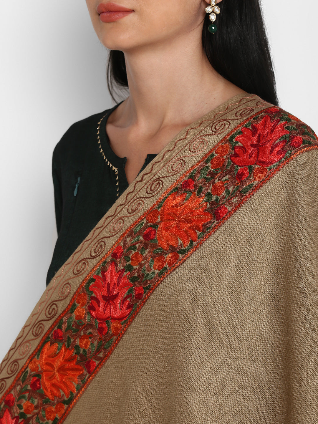 Kashmiri Aari Embroidery Woollen Stole | Brown - Zamour
