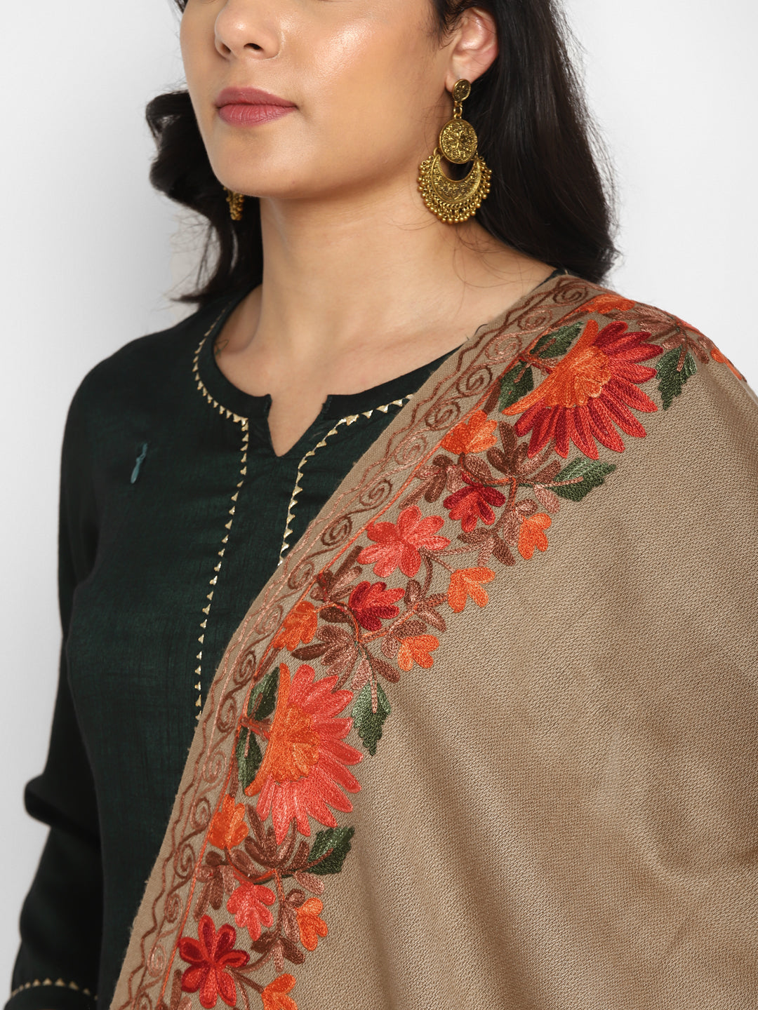 Kashmiri Aari Embroidery Woollen Stole | Brown - Zamour