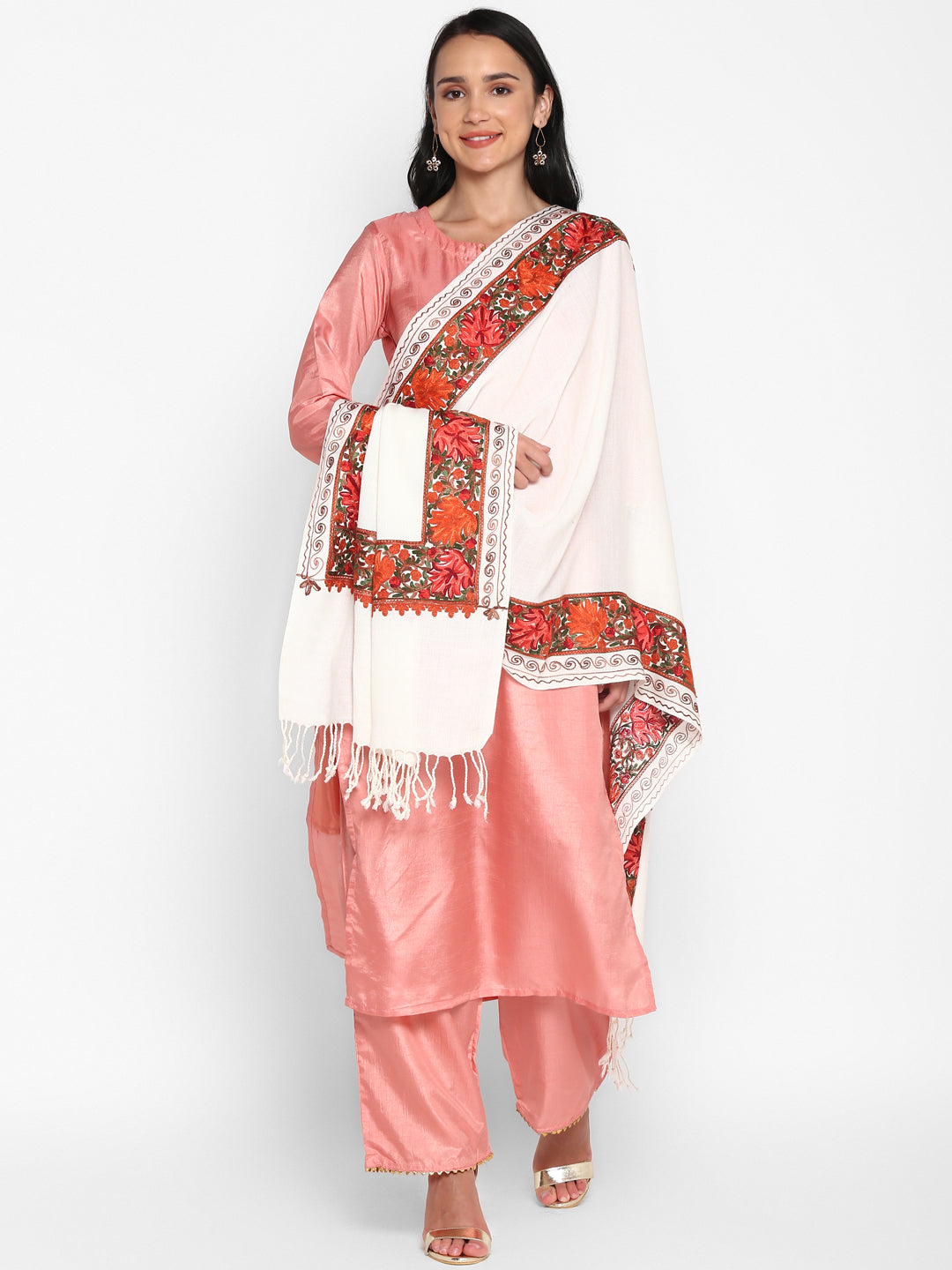 Kashmiri Aari Embroidery Woollen Stole | White - Zamour