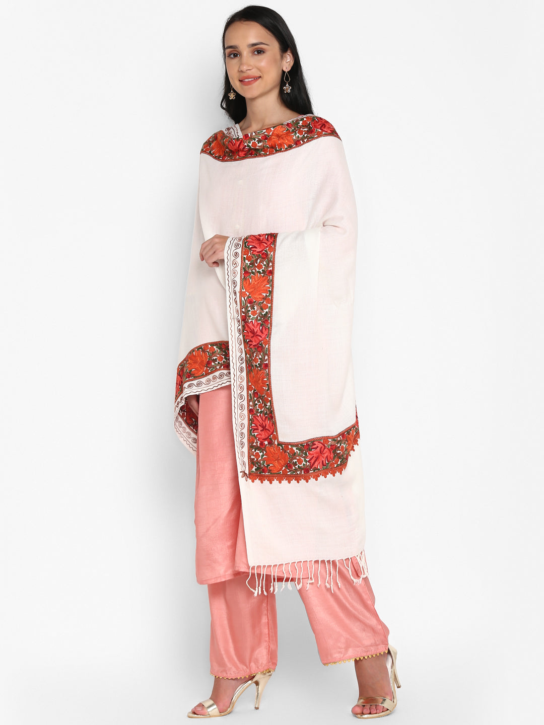 Kashmiri Aari Embroidery Woollen Stole | White - Zamour