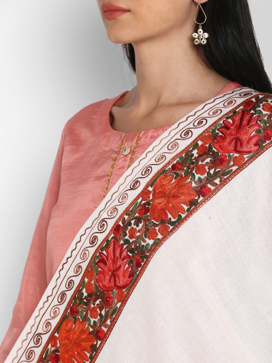 Kashmiri Aari Embroidery Woollen Stole | White - Zamour