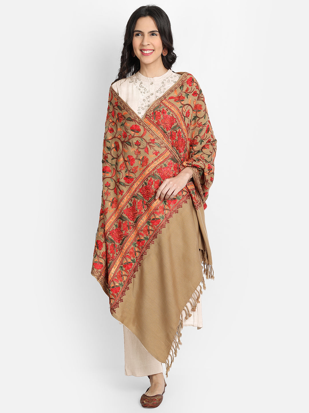 Kashmiri Aari Embroidery Woollen Stole | Brown - Zamour