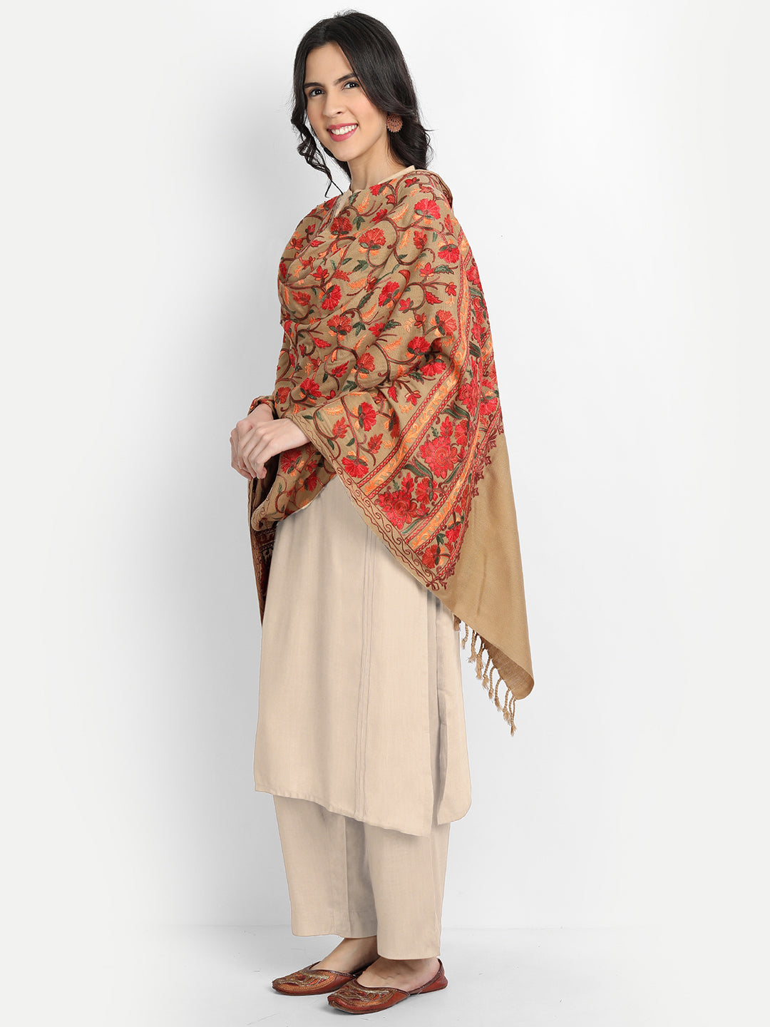 Kashmiri Aari Embroidery Woollen Stole | Brown - Zamour