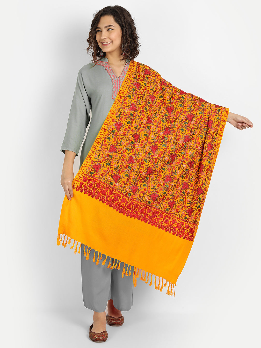 Kashmiri Aari Embroidered Woollen Stole | Yellow - Zamour