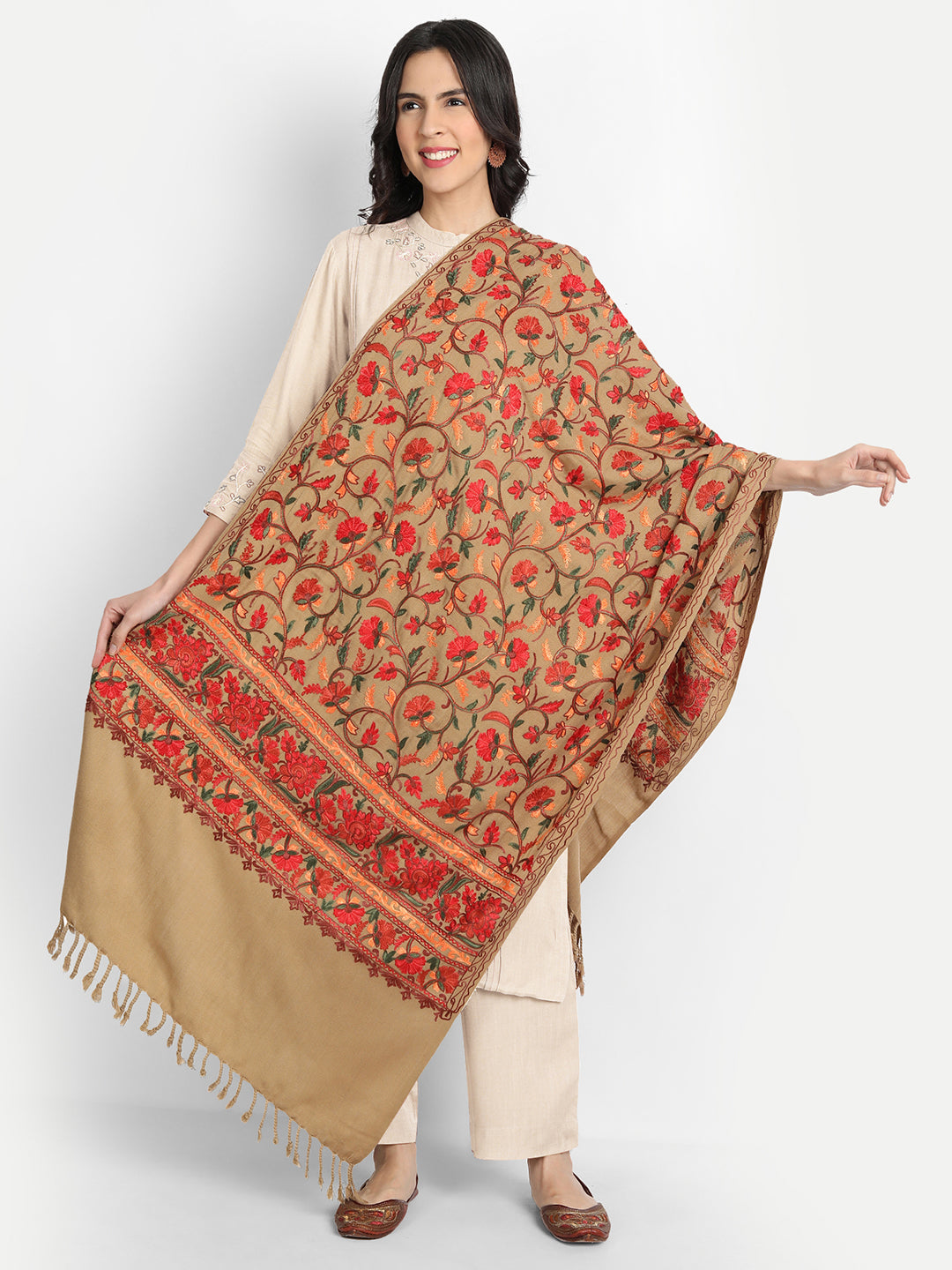Kashmiri Aari Embroidery Woollen Stole | Brown - Zamour