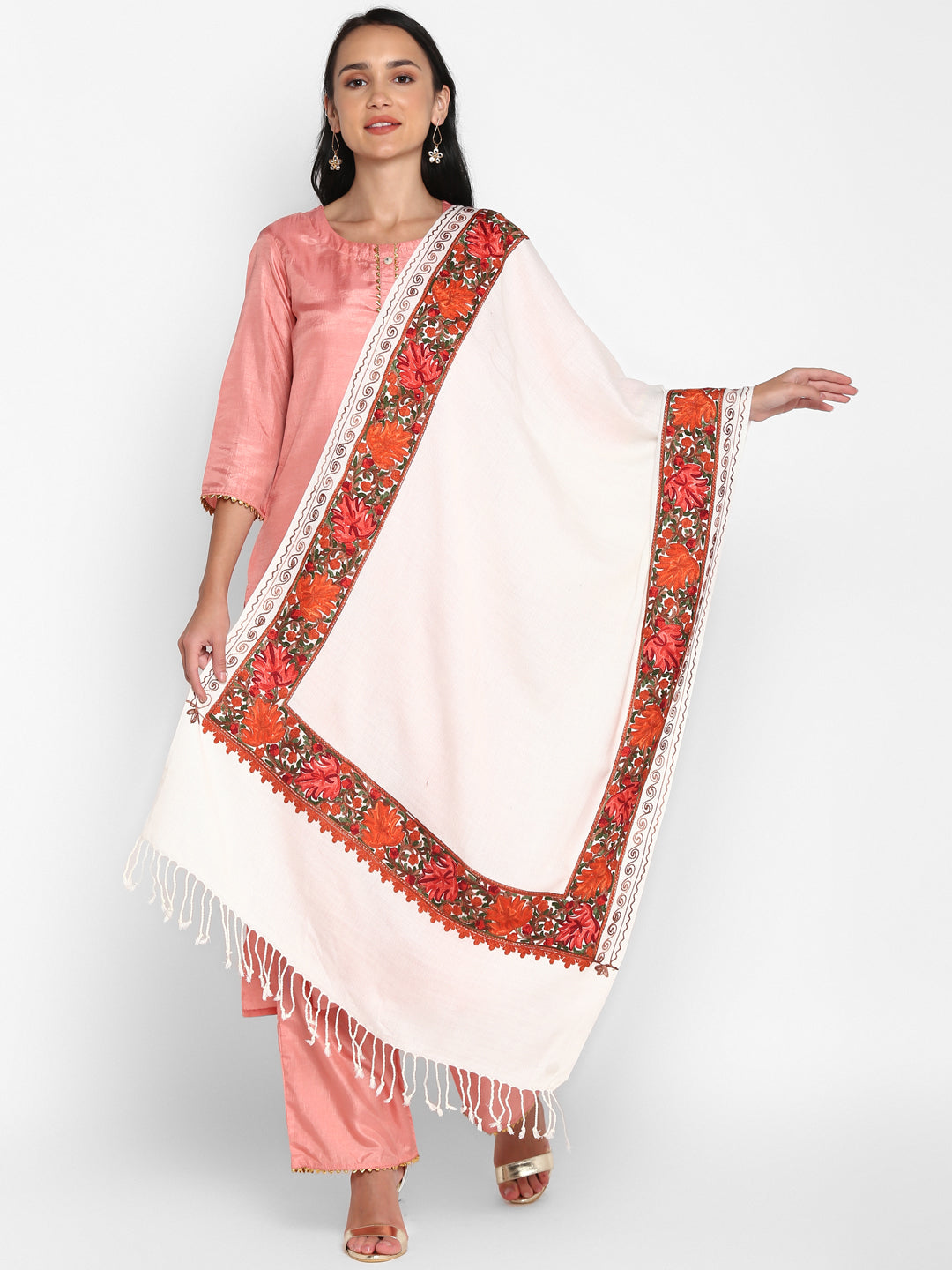 Kashmiri Aari Embroidery Woollen Stole | White - Zamour