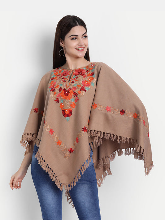 Woollen Poncho with Kashmiri Embroidery and Silk Lining | Brown - Zamour