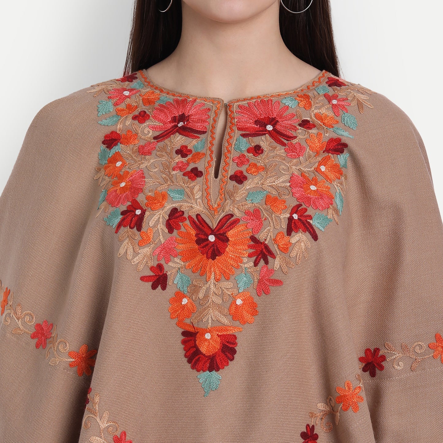 Woollen Poncho with Kashmiri Embroidery and Silk Lining | Brown - Zamour