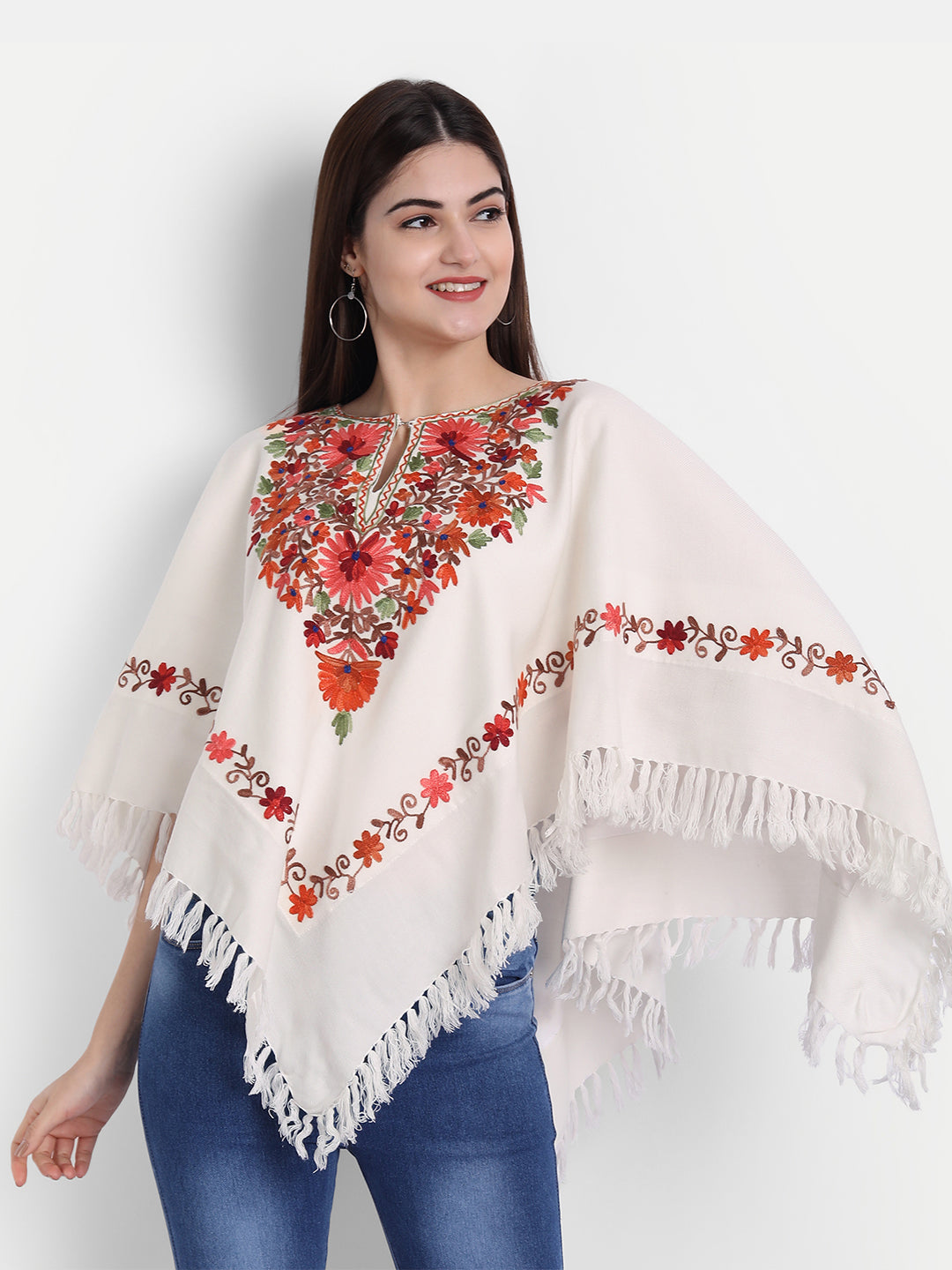 Woollen Poncho with Kashmiri Embroidery and Silk Lining | White - Zamour