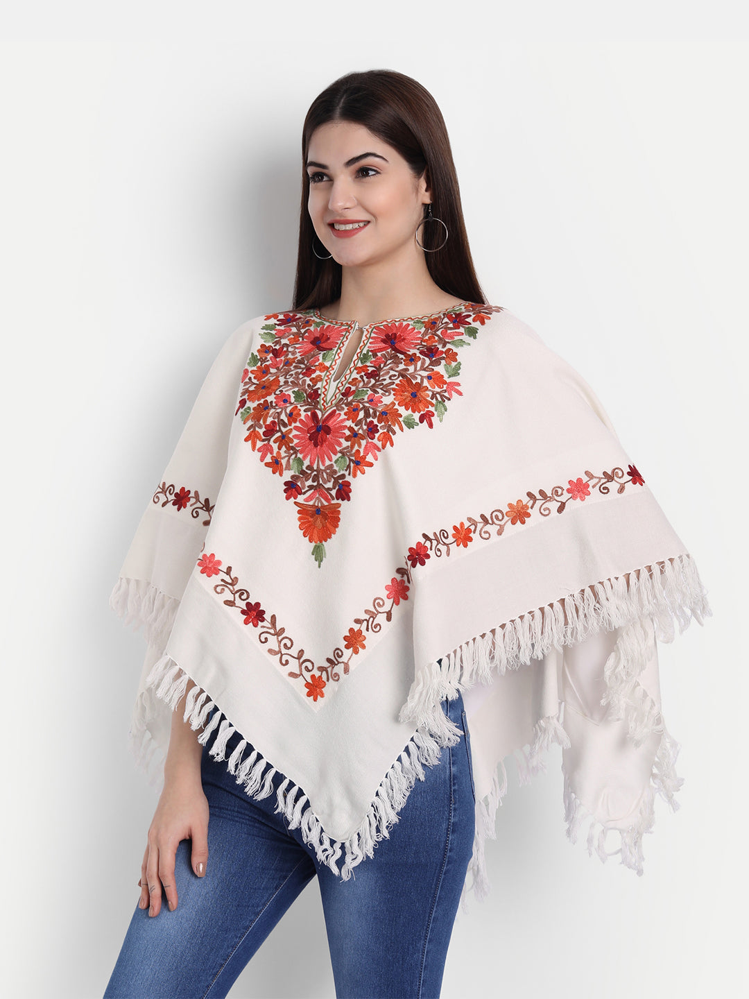 Woollen Poncho with Kashmiri Embroidery and Silk Lining | White - Zamour