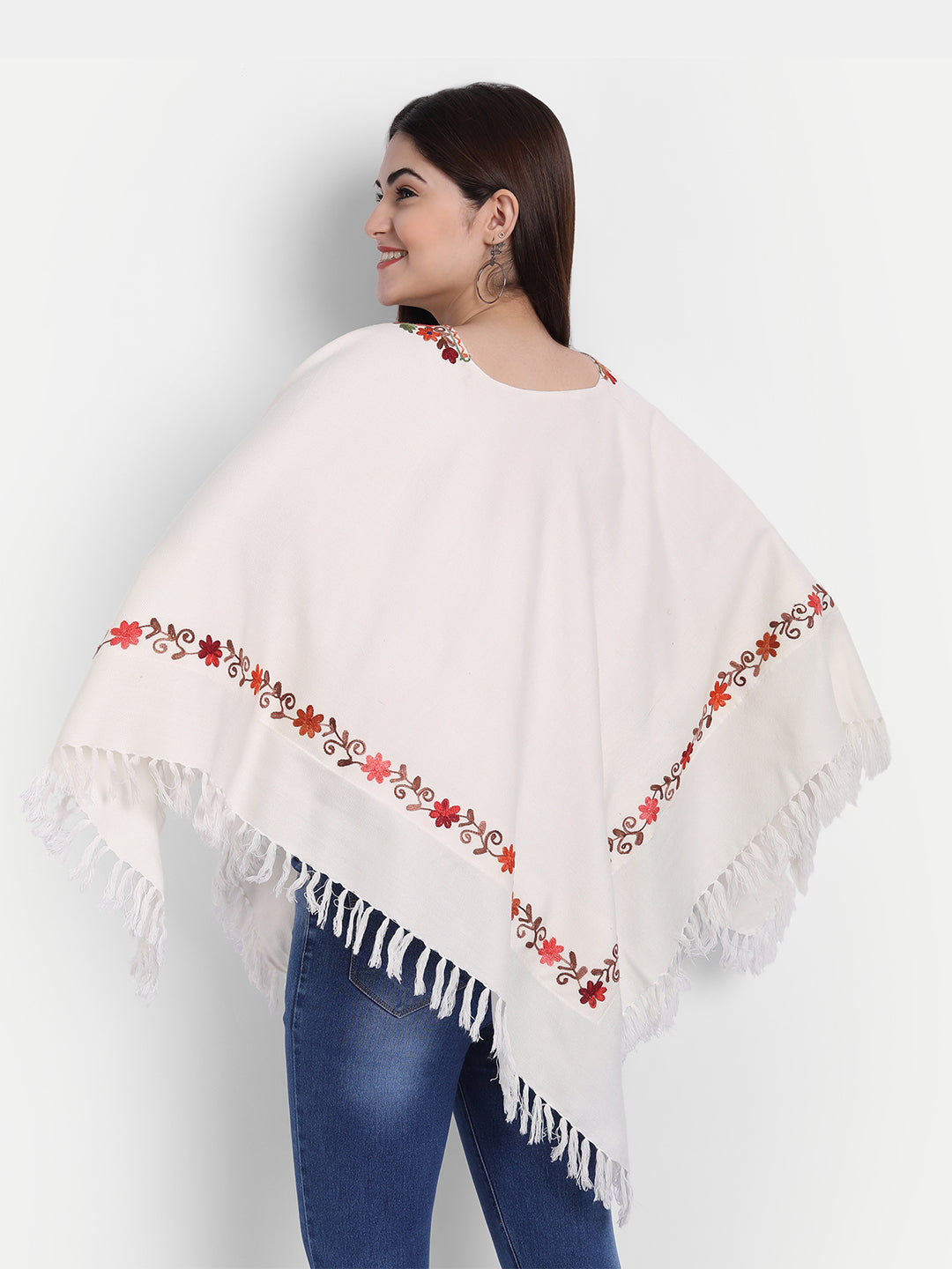 Woollen Poncho with Kashmiri Embroidery and Silk Lining | White - Zamour