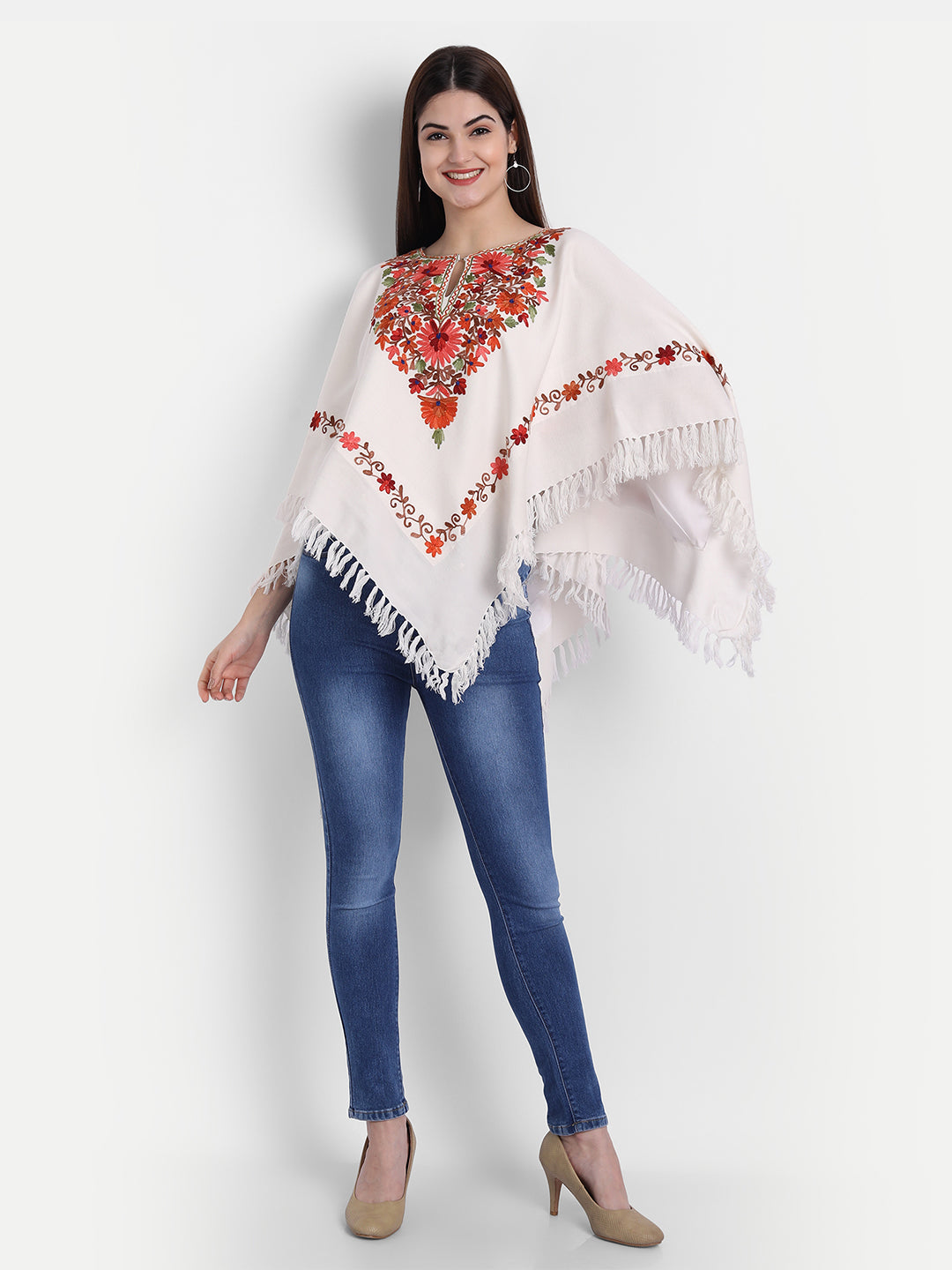 Woollen Poncho with Kashmiri Embroidery and Silk Lining | White - Zamour