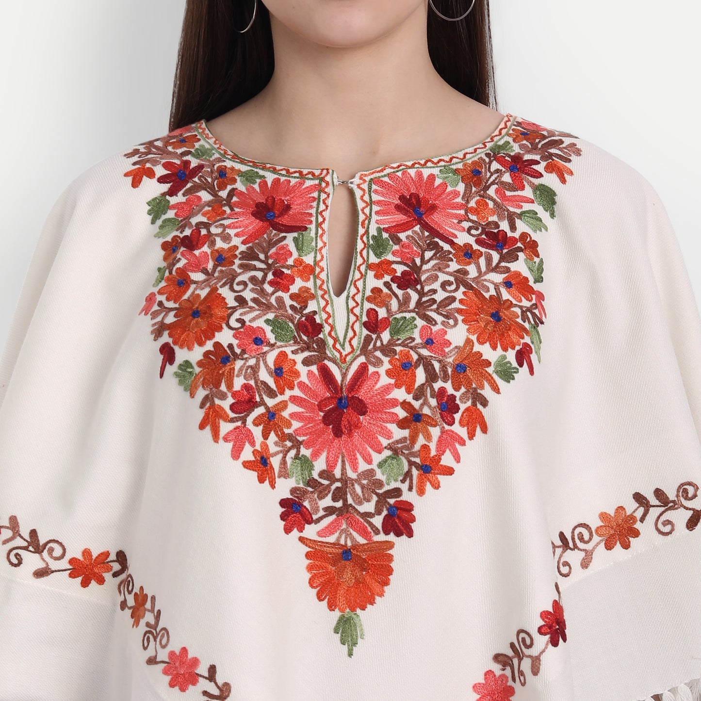 Woollen Poncho with Kashmiri Embroidery and Silk Lining | White - Zamour