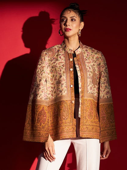 Woven Designer Luxury Cape Jacket for Women | Creame Mustard