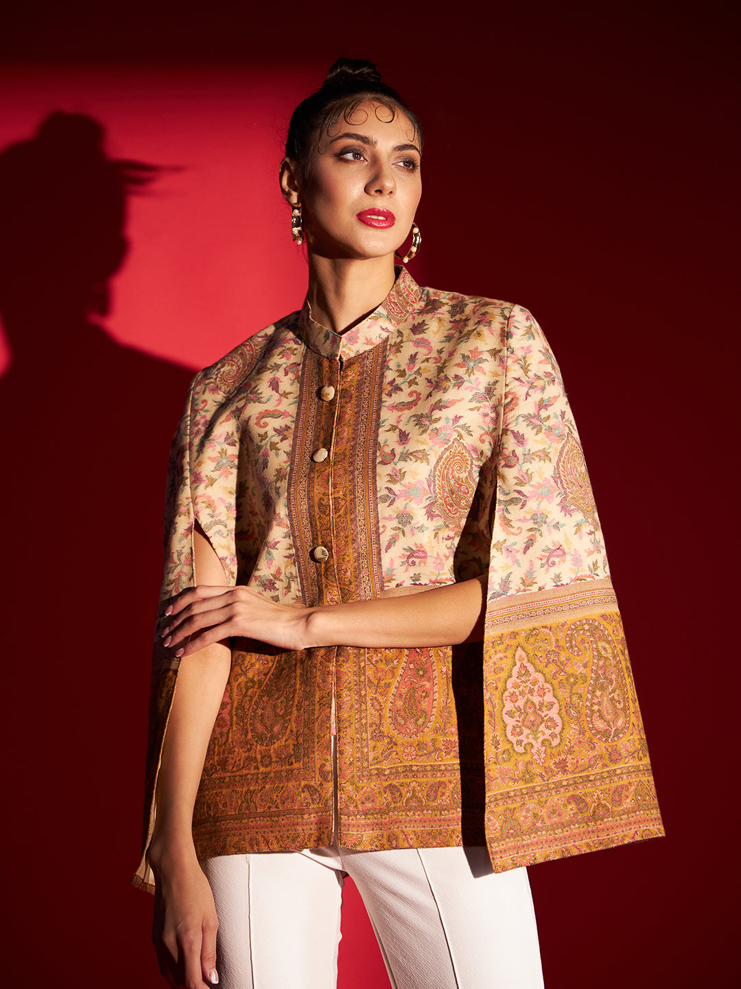 Woven Designer Luxury Cape Jacket for Women | Creame Mustard