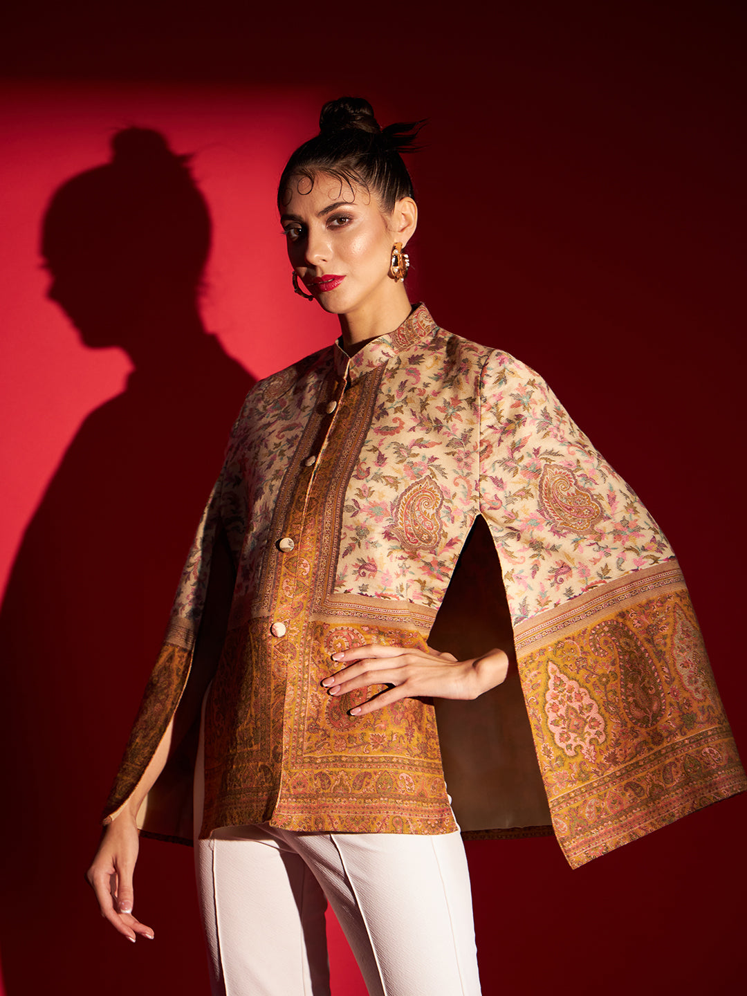 Woven Designer Luxury Cape Jacket for Women | Creame Mustard
