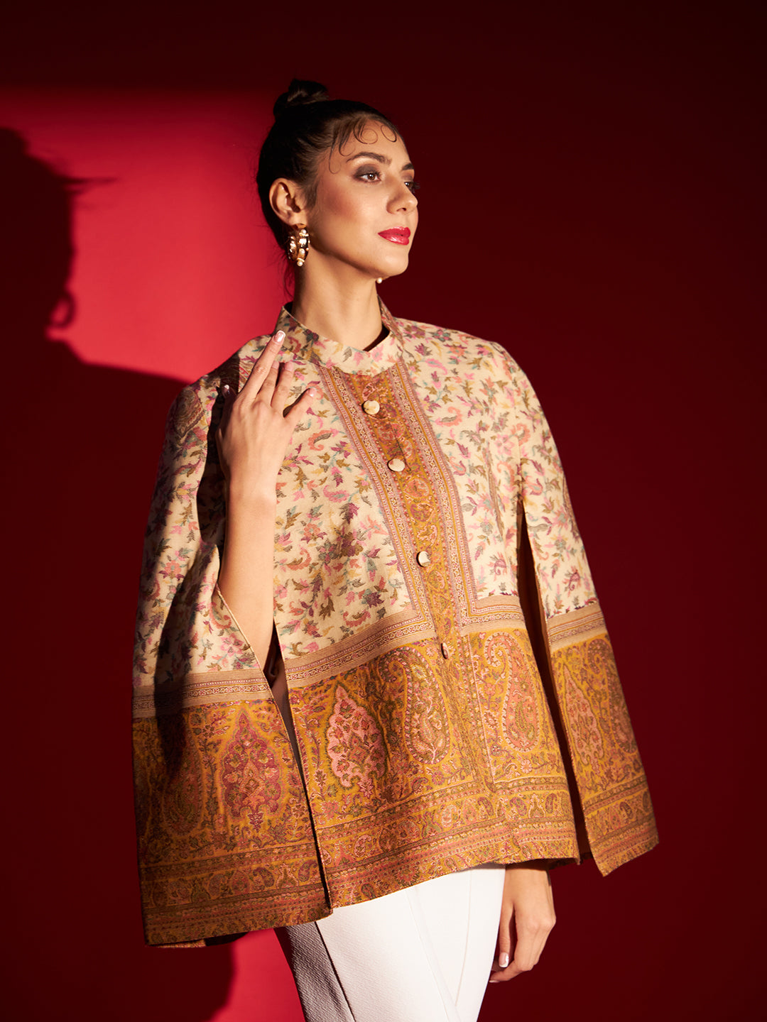 Woven Designer Luxury Cape Jacket for Women | Creame Mustard