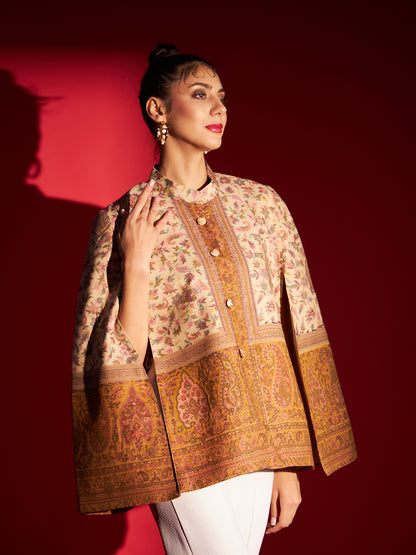 Woven Designer Luxury Cape Jacket for Women | Creame Mustard