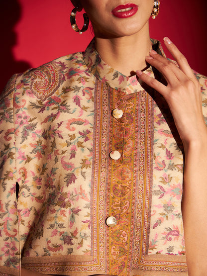 Woven Designer Luxury Cape Jacket for Women | Creame Mustard