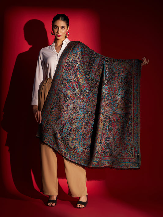 Kani Weave Woven Shawl for Women in Royal Zari Patterns | Black