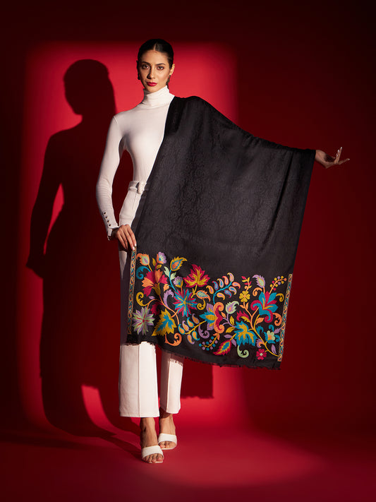 Kani Floral Patterns Cutting Weave Stole | Black
