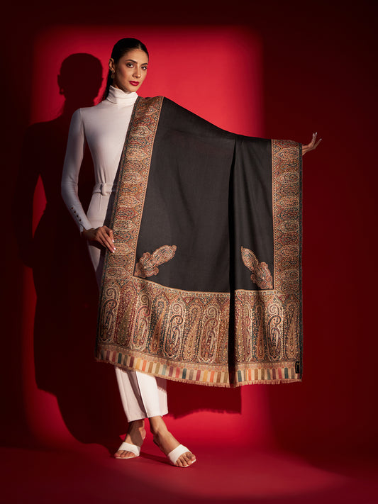Kani Weave Woven Shawl for Women in Royal Patterns | Black