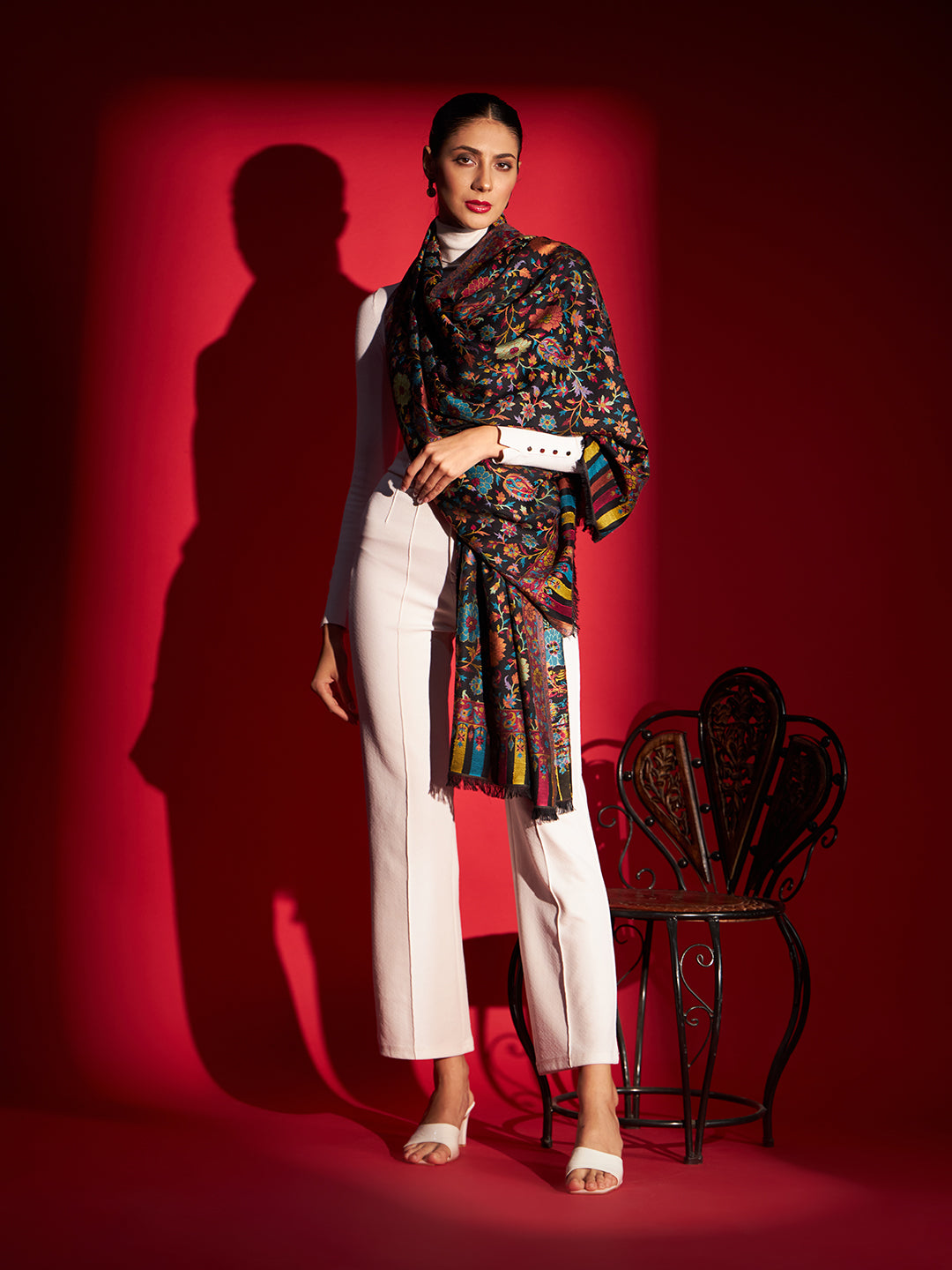 Kani Weave Woven Shawl for Women in Floral Patterns | Black