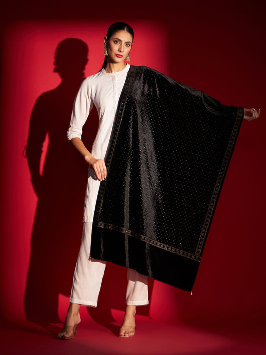 Soft Velvet Stole with Crystal Work Embellishment | Black