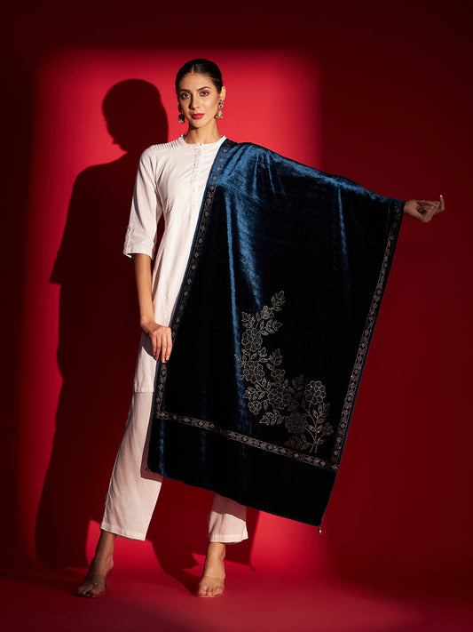 Soft Velvet Stole with Crystal Work Embellishment | Ocean Blue