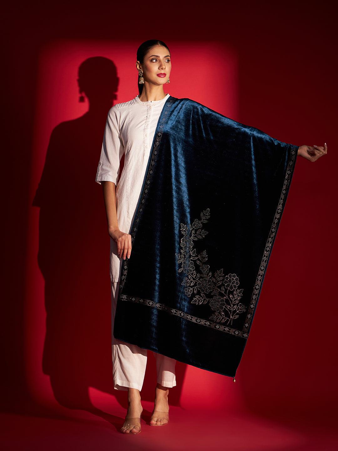 Soft Velvet Stole with Crystal Work Embellishment | Ocean Blue
