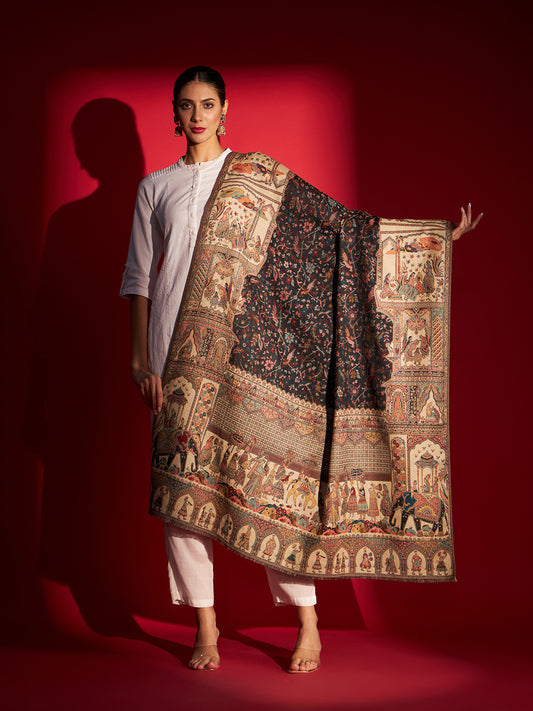 Kani Weave Woven Shawl for Women in Royal Mughal Patterns | Black