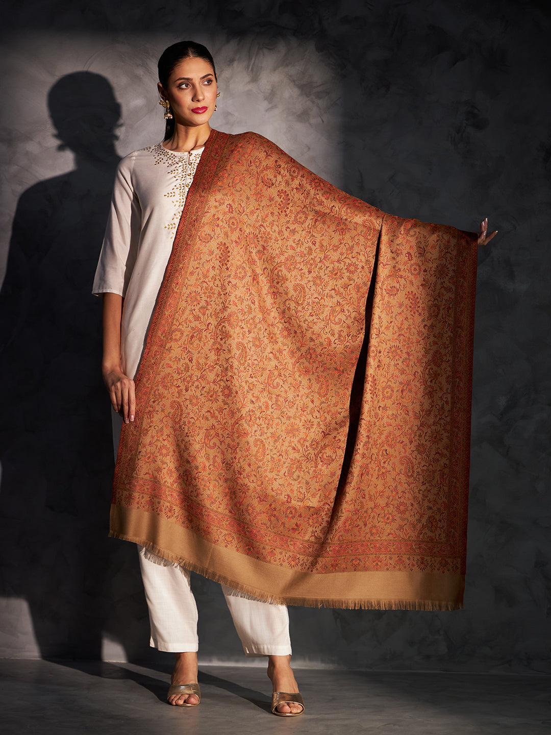 Jacquard Woven Shawl for Women in Floral Patterns | Brown