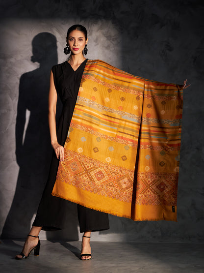 Jamawar Woollen Woven Shawl for Women in Kullu Stripes | Mustard