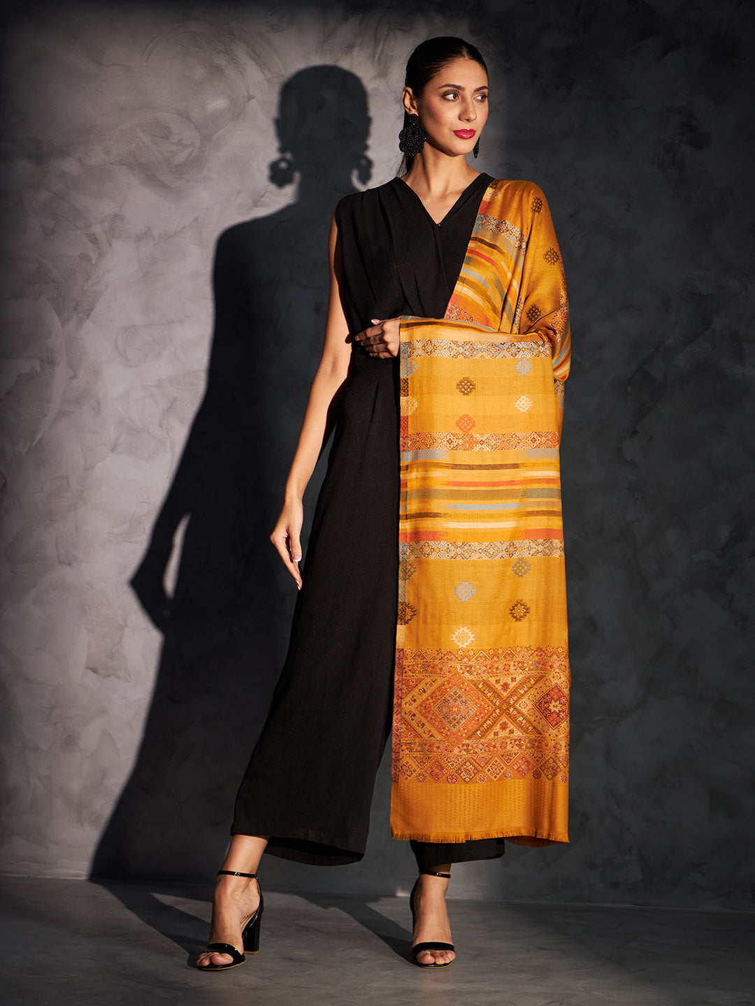Jamawar Woollen Woven Shawl for Women in Kullu Stripes | Mustard