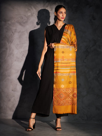 Jamawar Woollen Woven Shawl for Women in Kullu Stripes | Mustard